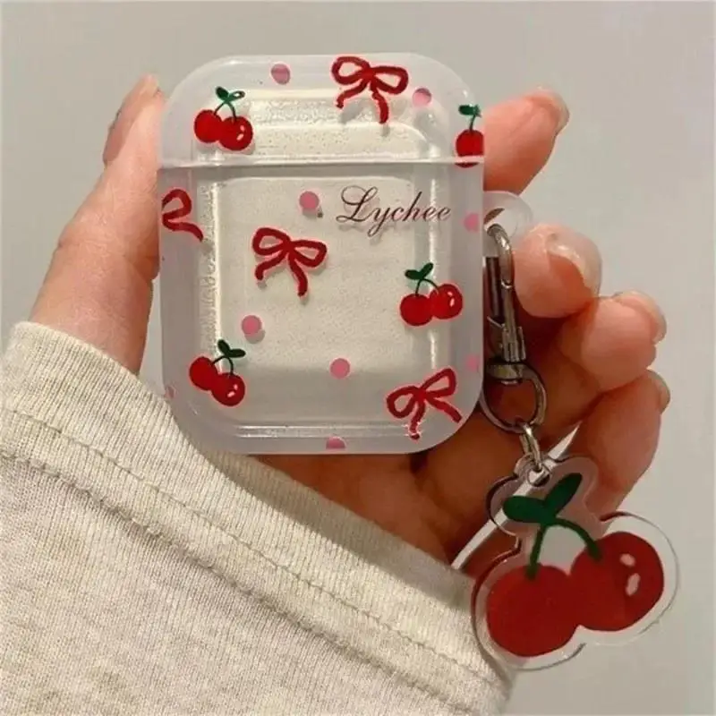 Luxury Crystal Cherry Case For AirPods 1/2/3/4/Pro 1/Pro 2 Soft Silicone Cover With Pendant Keychain Headphone Accessories Set