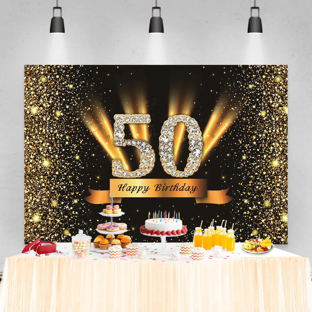 Gold and Black 50th Birthday Photography Backdrop For Women Men Glitter Diamonds Background Fifty Years Old Party Table Banner