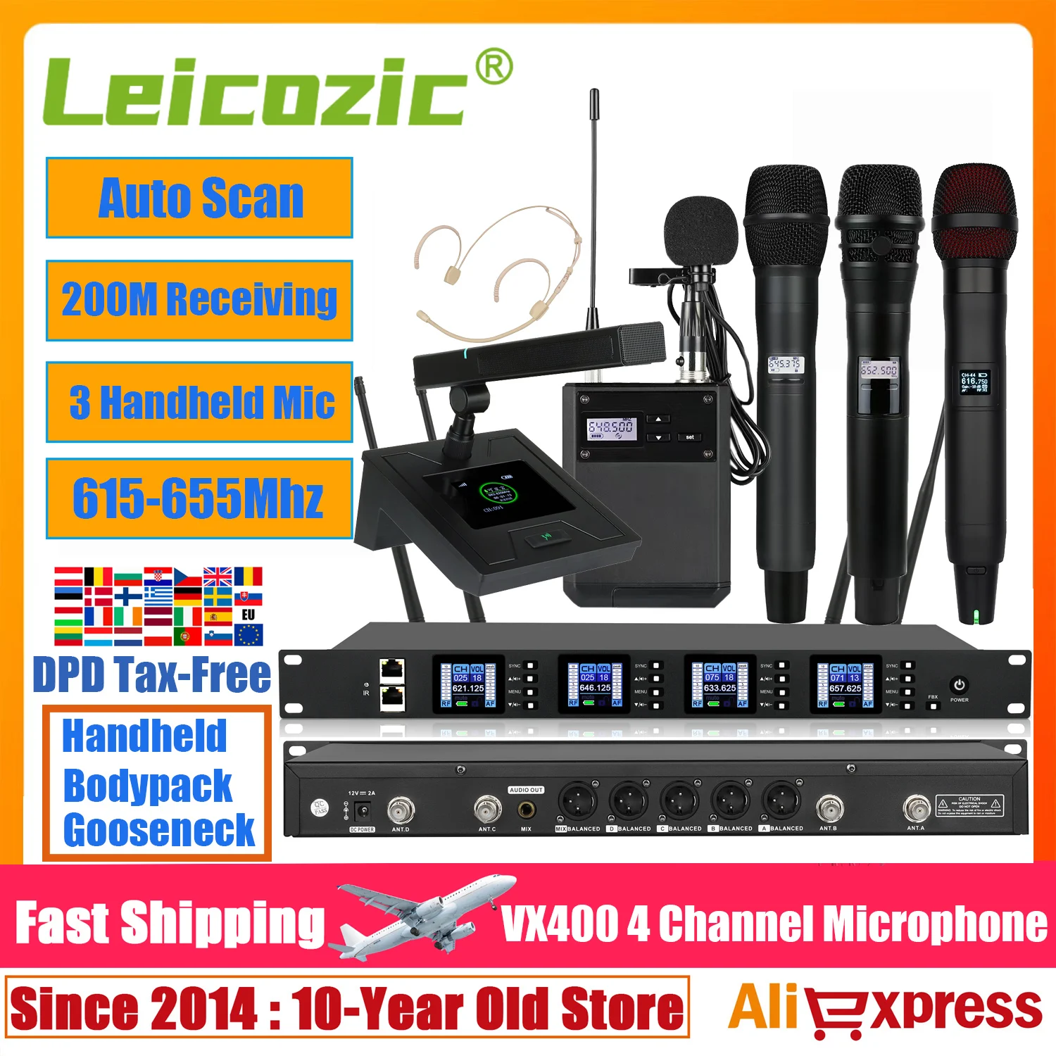 Leicozic VX400 4 Channel Wireless Microphone Headset Mic Lapel Wireless Microfono Conference Gooseneck Microfone Dynamic 600Mhz