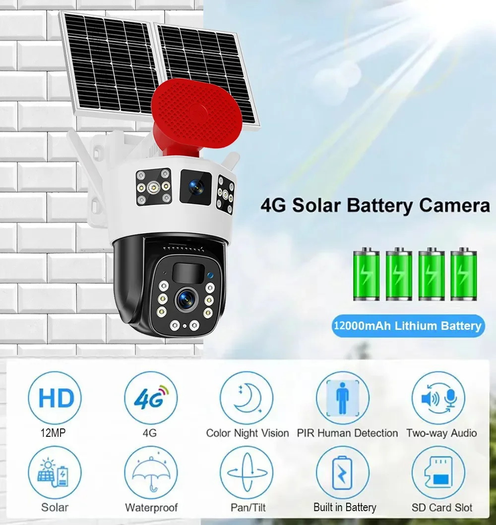 

Solar Camera 4G Solar Surveillance Camera with SolarPanel 3 Screen Dual Lens 360°12MP 4K CCTV Outdoor Security Waterproof V3