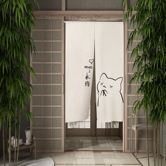 Hand Painted Cartoon Cat Japanese Door Curtain Partition Kitchen Living Room Entryway Half Curtain Noren Bathroom Doorway Decor