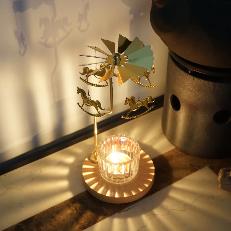 Rotating Candle Holder Magnetic Transit Windmill Walking Carousel Horse Lamp with Wooden Bottom Sitting Tray Christmas Snowflake