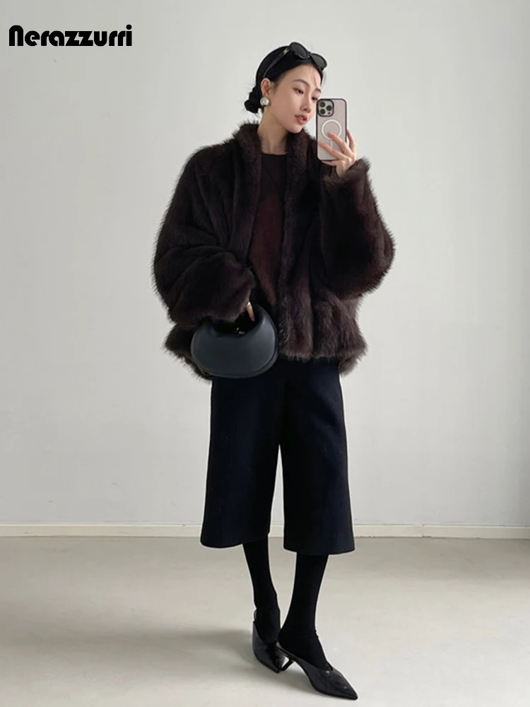 Nerazzurri Winter Loose Casual Hairy Soft Thick Warm Faux Sable Fur Coat Women V Neck Bat Sleeve Luxury Clothes Fluffy Jacket - view 5