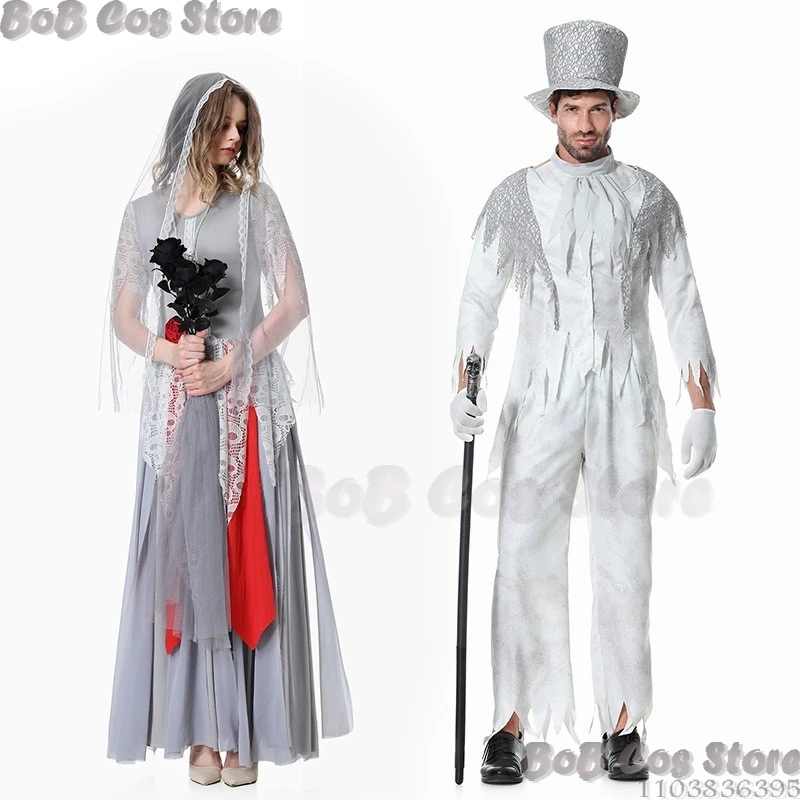 Corpse Ghost Bride and Groom Costume Cosplay Scary Zombie Masquerade Halloween Fancy Couple Wedding Suit Carnival Party Dress Up