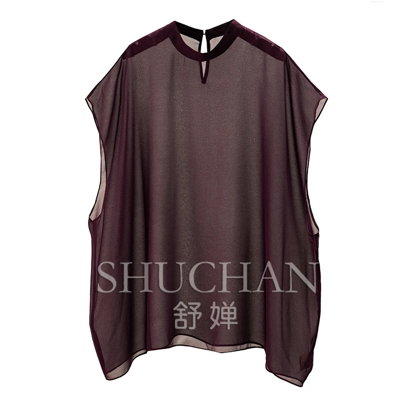 

New Blouse Women Light and Slightly Transparent Loose and Thin Stand-up Collar Bag Rotator Sleeve Shirt Women's 49C4