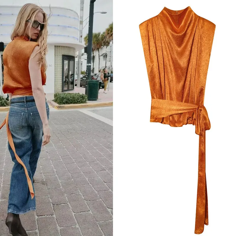 Haut pour femme Guobioziy, nouveau style 2026, en satin avec détail nœud, style français, parfait pour un rendez-vous ou un thé de l'après-midi, met en valeur la taille