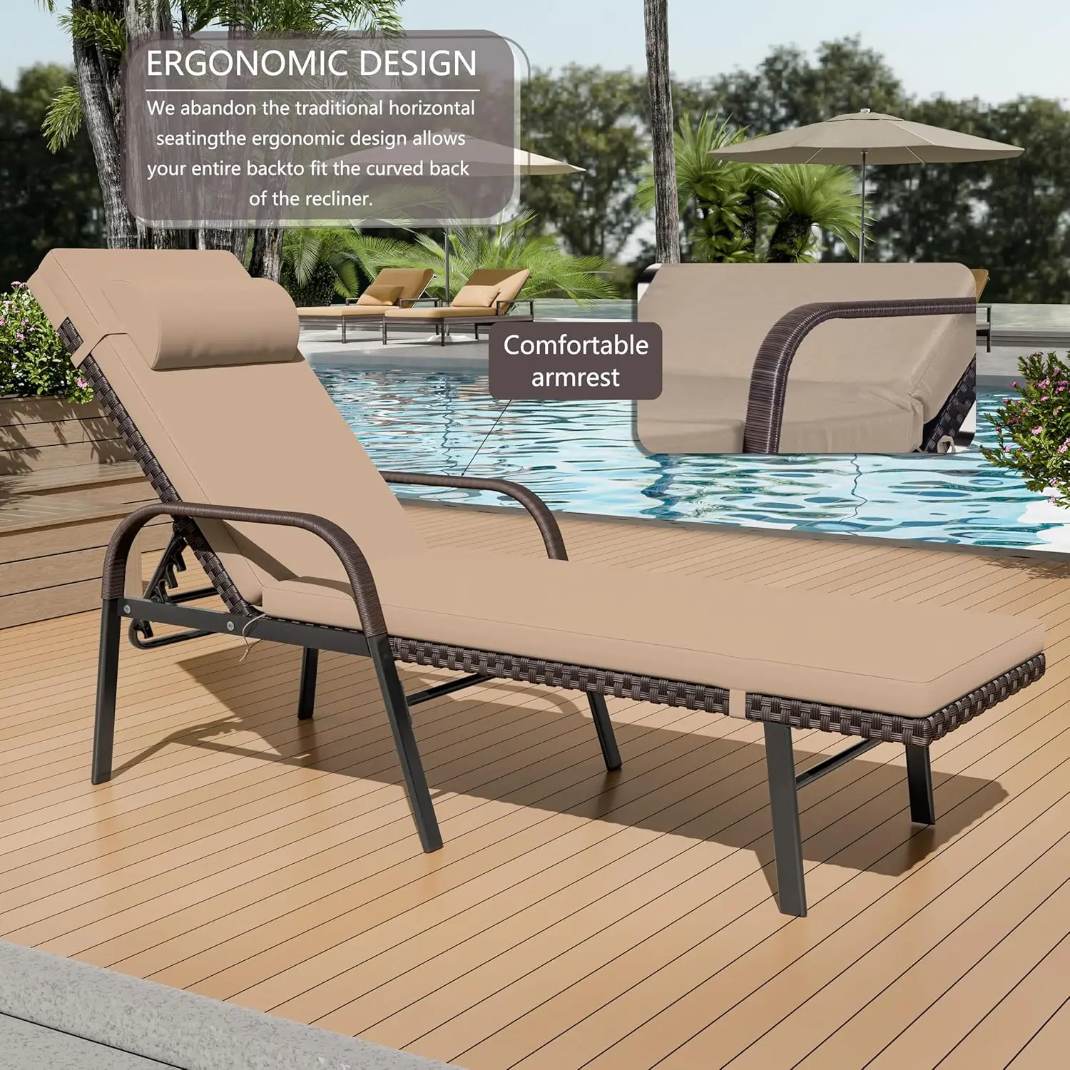 Patio Chaise Lounge Set 3 Pieces Outdoor Lounge Chair With Rattan Adjustable Backrest Armrest And Folding Table For Beach