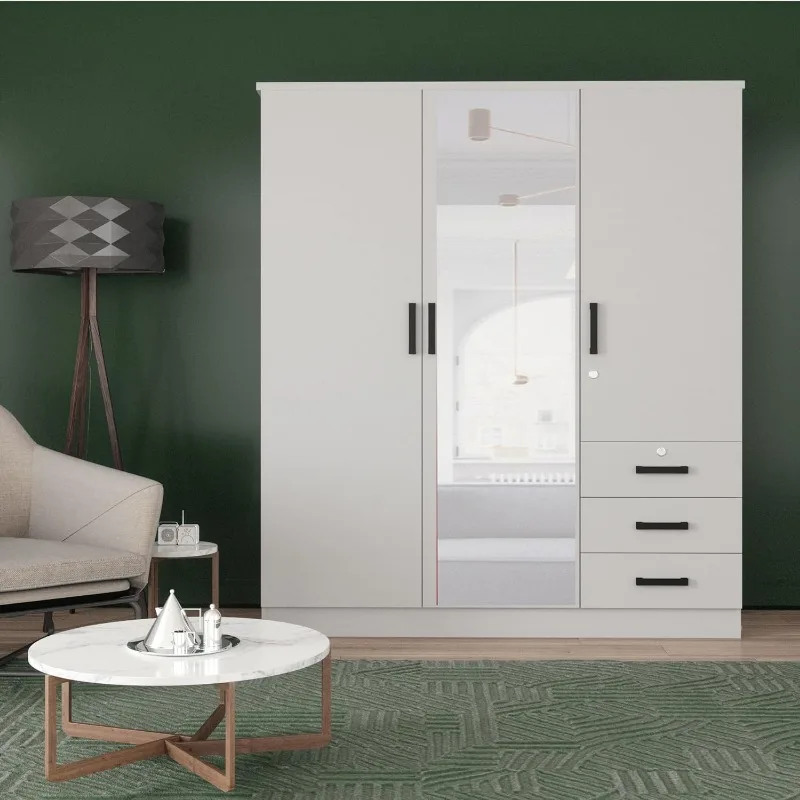 Wardrobe, Wooden Wardrobe with Mirror Doors, 3 Doors and 3 Drawers, White Bedroom Wardrobe (19 