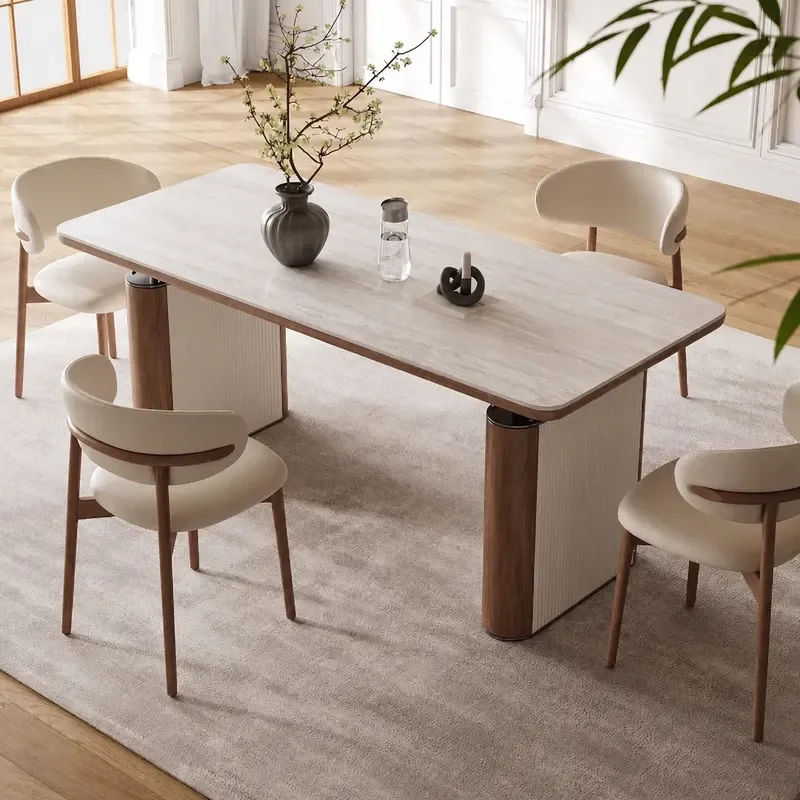 Cream Style Dining Table Set with Induction Cooker Travertine Top Small Apartment Restaurant Furniture 2025 New