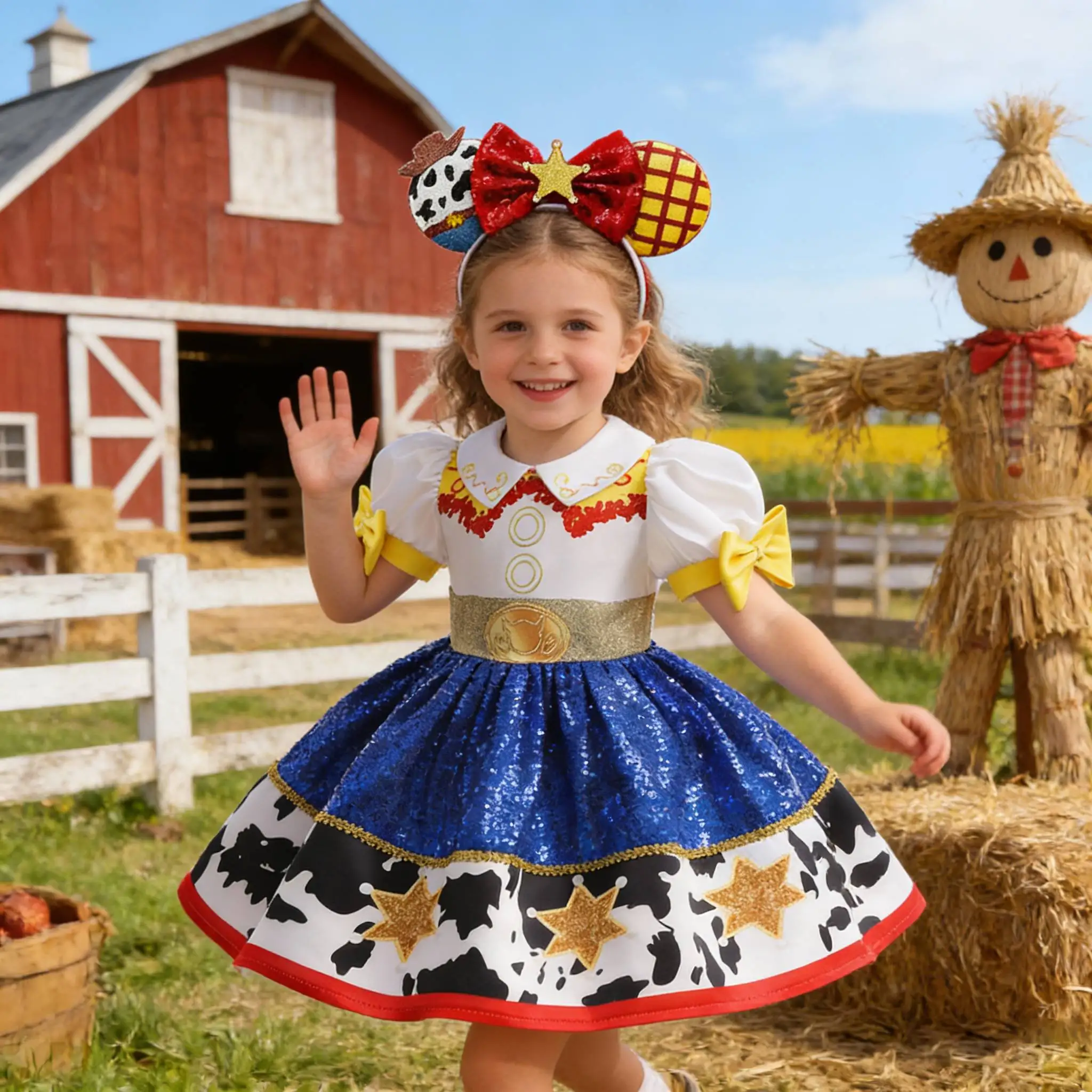 

Костюм ковбойши 2026: Детское платье для косплея Джесси и повязка на голову, карнавальный наряд для Пасхи, праздничный комплект для выступлений на сцене