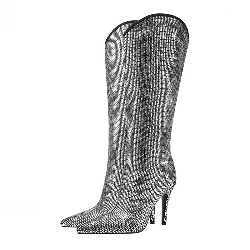 Bling Silver Sheet Crystal Black Inside Knee Boots Pointed Toe Thin High Heel Rectangle Diamond Slip On Woman Boots