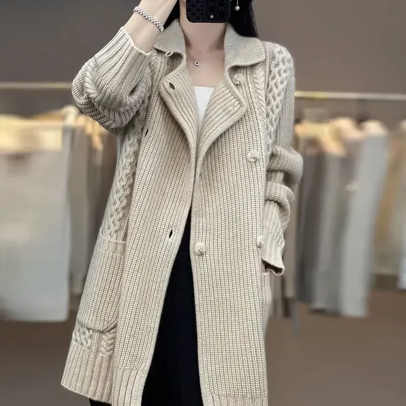 Fashion Sweater Women High Street Loose Button Cardigan Jacquard Weave Tops Autumn Winter Solid Color Tailored Colla Long Sleeve