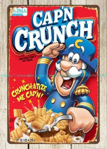 Embalaje de cereales Retro CAPN Crunch, señal de lata de metal, venta al por mayor