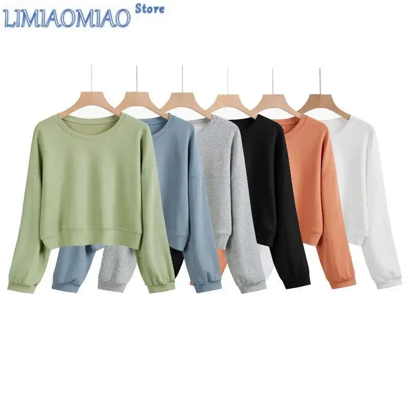 

Korean Solid Color Sweatshirts New Autumn Women's Wear Fashion Temperament O-collalr Long Sleeve Loose Short All-match Top