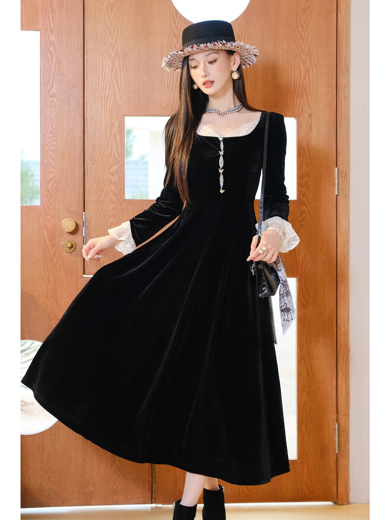 

MIUCO Женское модное платье макси с высокой талией, бархатное, кружевное, с цветными вставками, на молнии, для зимнего сезона, H-...