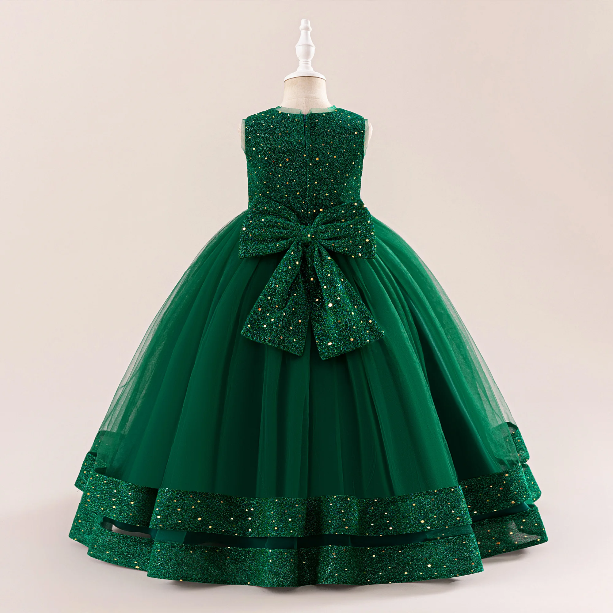 Elegant Girls Christmas Vintage Green Dress Kids Carnival Fluffy Bow Party Dresses Princess Gown For Evening Children Flash Wear