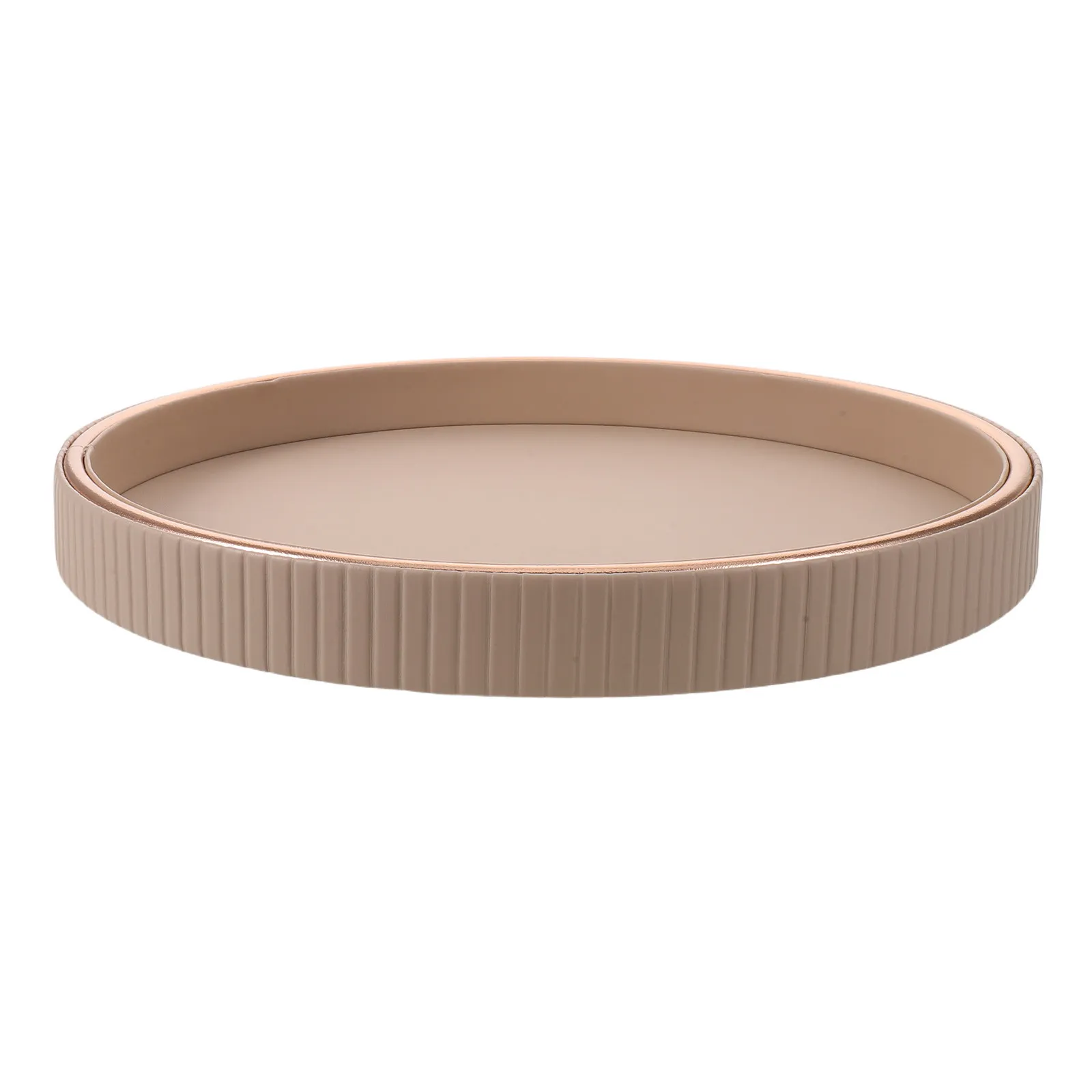 12 Inch Round PU Leather Decorative Tray with Gold Trim Coffee Table Cosmetic Jewelry Desktop Sundry Organizer Serving Tray