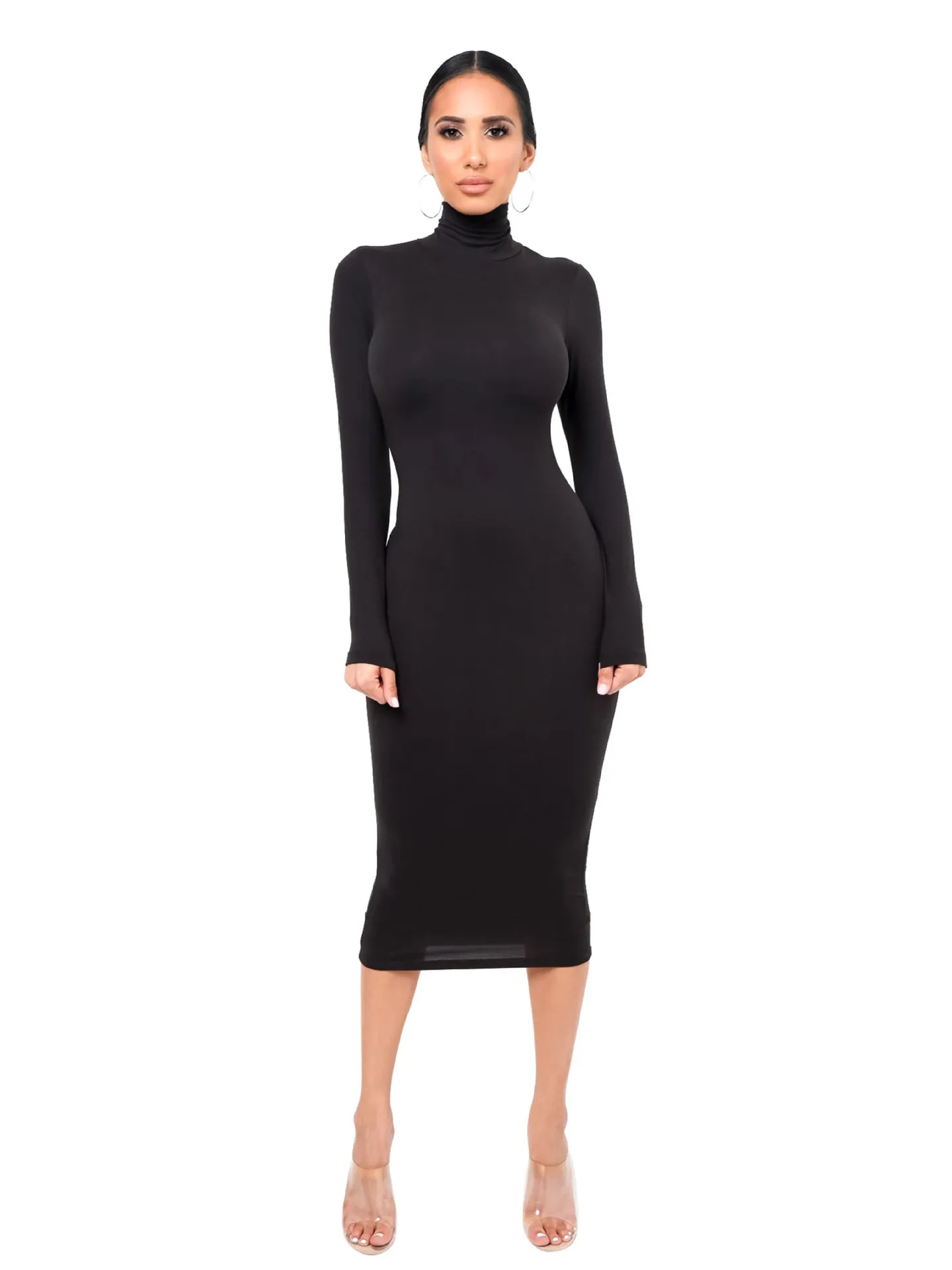 M3029 women's autumn and winter new black dress sexy temperament high collar grasp hair thick slim pack hips
