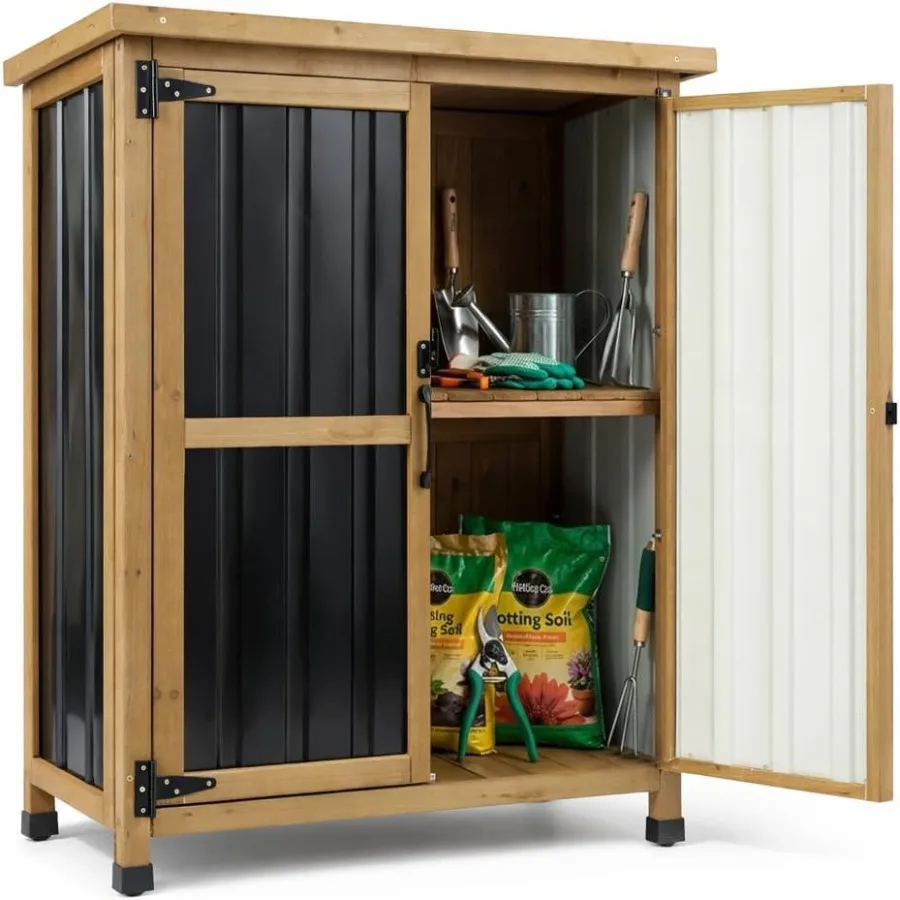 Small outdoor storage cabinet for porch, patio, garden, backyard: wood metal construction, gray asphalt roof, double lockable d