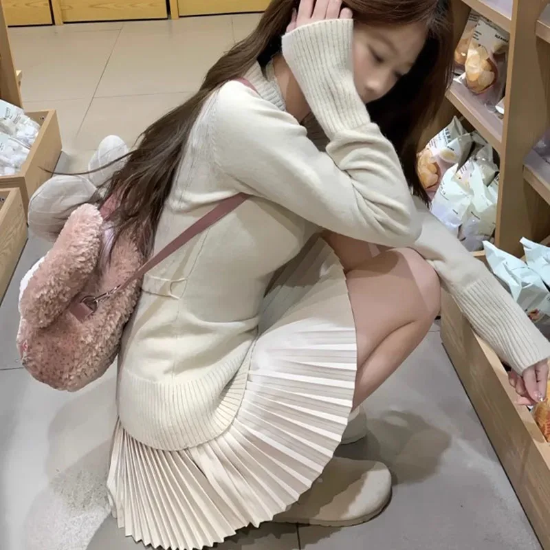 여성 가을 ​​새로운 모직 플리츠 스커트 한국어 하이 웨이스트 슬리밍 미니 스커트 여성 편안한 신축성 데일리 a 라인 스커트