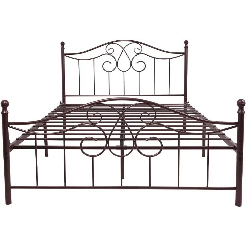 Metal Bed Frame Queen Size with Vintage Headboard and Footboard Platform Base Wrought Iron Bed Frame