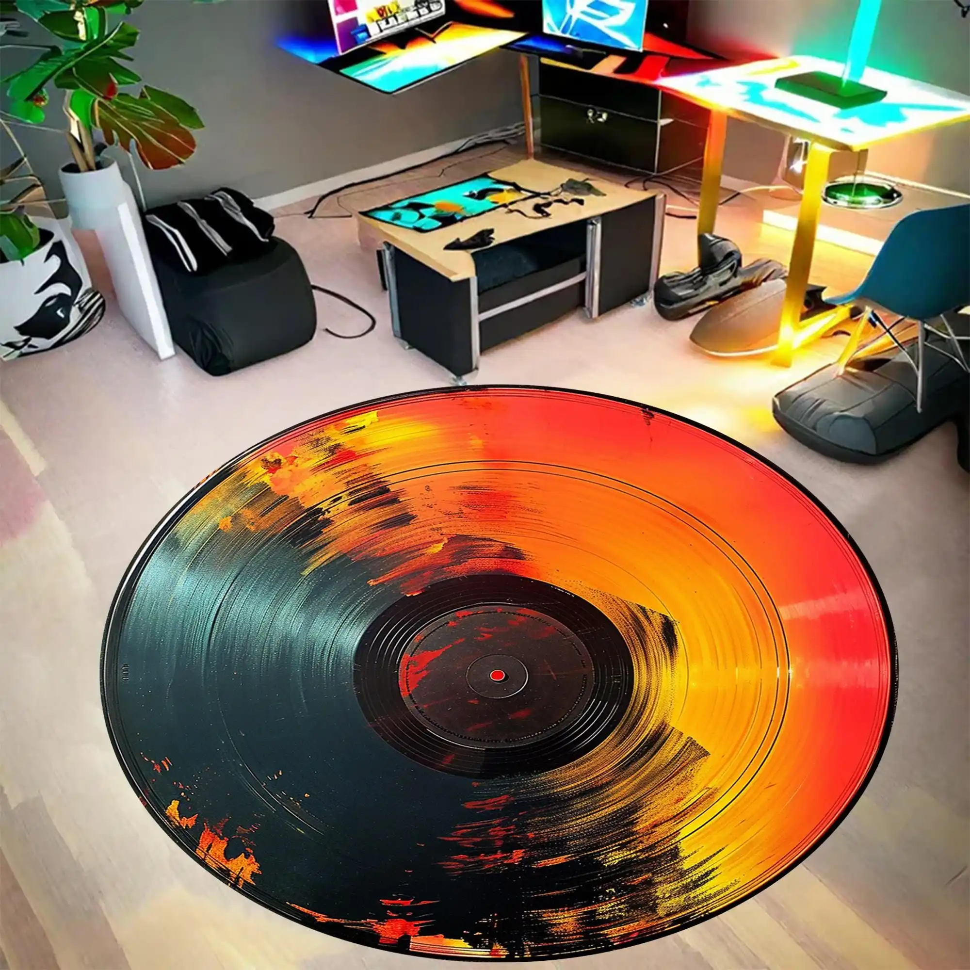 Abstract Vinyl Record Round Area Rug Vibrant Orange Red Circle Carpet Non Slip Washable Modern Living Room Decor