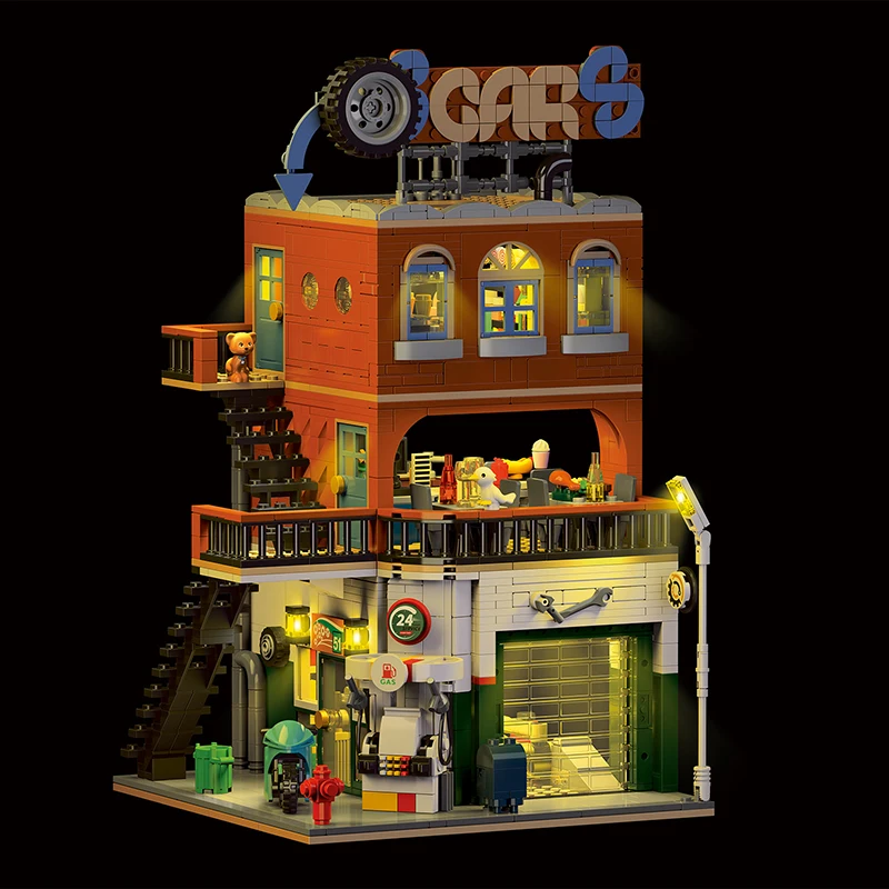 Set di blocchi da costruzione per negozio di riparazioni auto di architettura cittadina, modello MOC Modern House Street View, con luci, regali di giocattoli per bambini e adulti