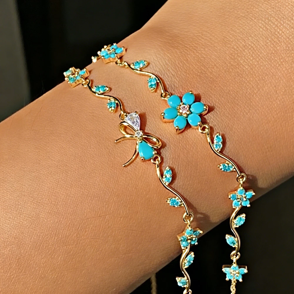 18K vergoldete Armbänder mit türkisfarbenem Stein und CZ-Blumen- und Schmetterlingsmotiv für Damen, verstellbarer Kristallschmuck, Geschenk.
