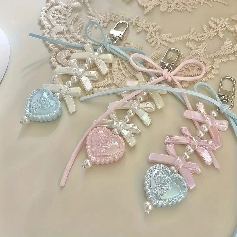 Sweet Heart Shape Pendant Keychain Bow Ribbon Beaded Key Chain For Women Phone Lanyard Backpack Decoration Accessories Gifts