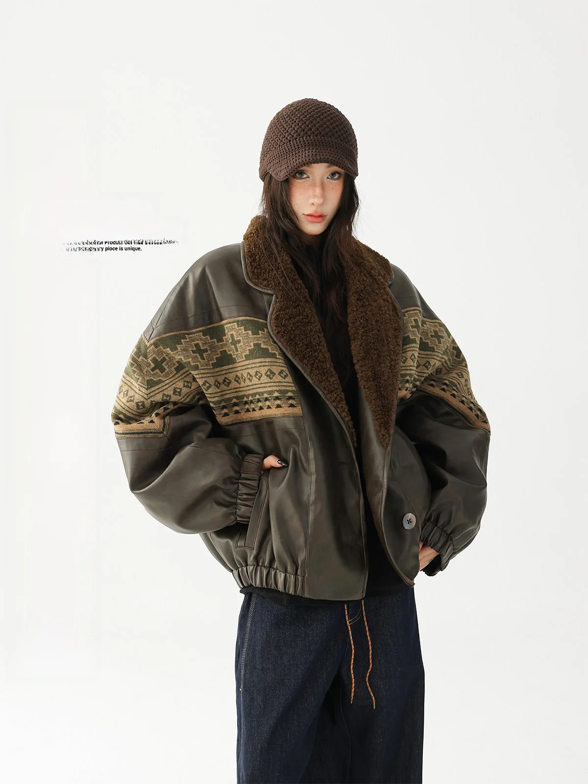 

AceStudios American Retro Modern Print Thiened Cotton Fill Leather Jaet Collar Loose Cotton Coat Women's Faion Outerwear