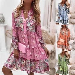 Women Floral Print Dress Oversize Elegant Pleated Long Sleeve Casual Dresses Female V Neck Loose Bohemian Beach Holiday Dresses