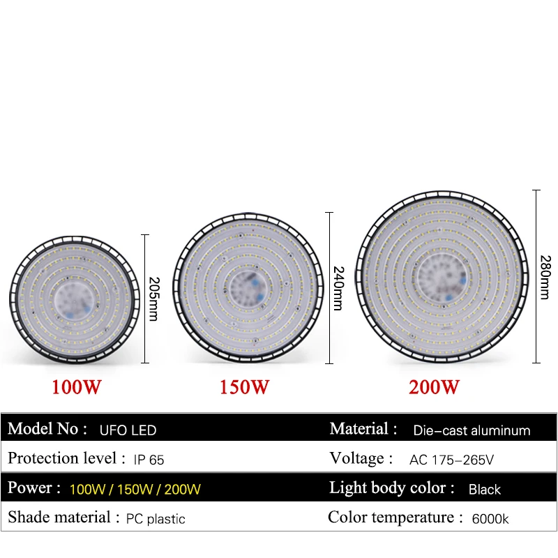 200W UFO LED High Bay Light AC220V Aluminum Led Workshop High Brightness IP65 Market Warehouses Workshop Garage Lamp