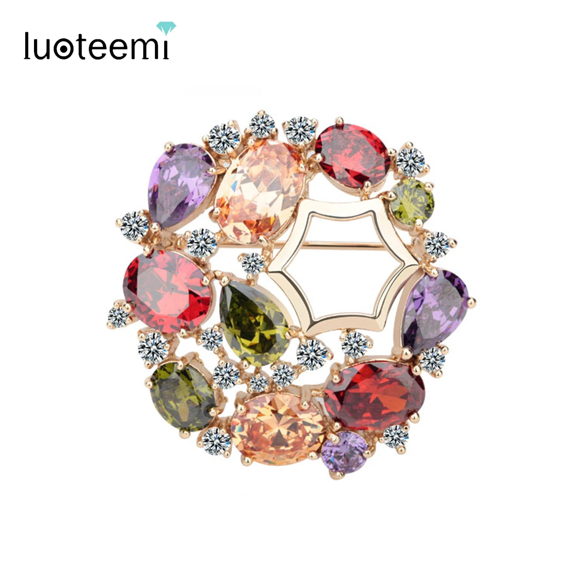 LUOTEEMI Famous Brand Fashion Mona Lisa Multi-Color Cubic Zirconia Brooch Jewelry for Women Bridal Wedding Brooch Bouquet Gifts