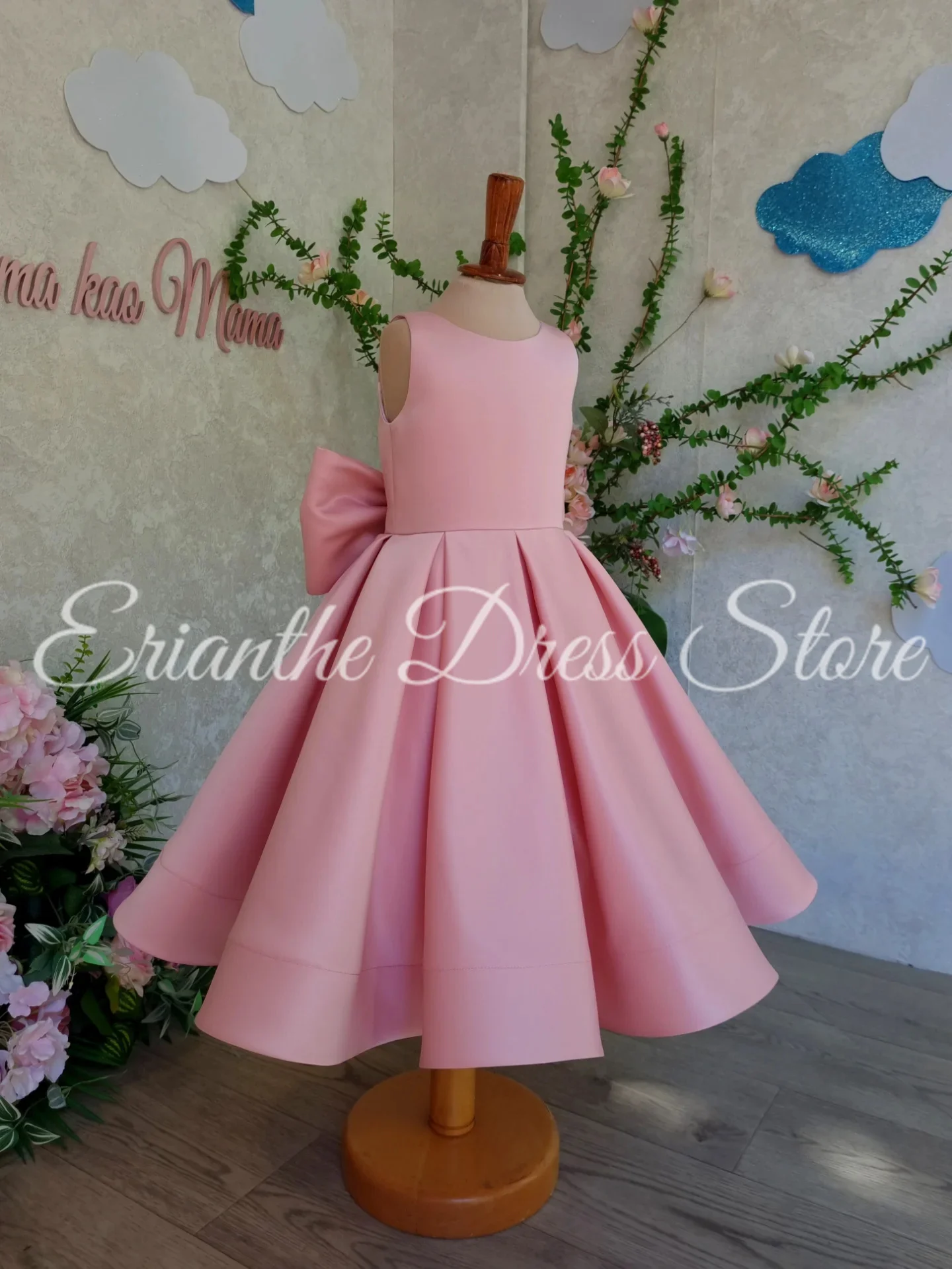 Pink Flower Girl Dress for Wedding Sleeveless Satin With Bow Customized Kids Birthday Party First Communion Ball Gown