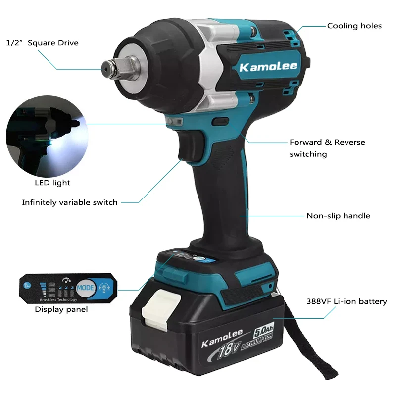 Kamolee 1800 N.M High Torque DTW700 Brushless Cordless Electric Impact Wrench 1/2 In Lithium-Ion Battery For Makita 18V Battery