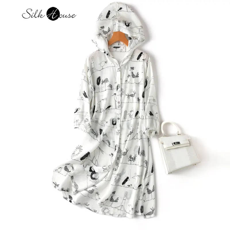 2023 Women\'s Fashion Summer New Silk Ghost Wrinkle White Hooded Drop Shoulder Sleeve Loose Medium Length Funny Shirt Cardigan