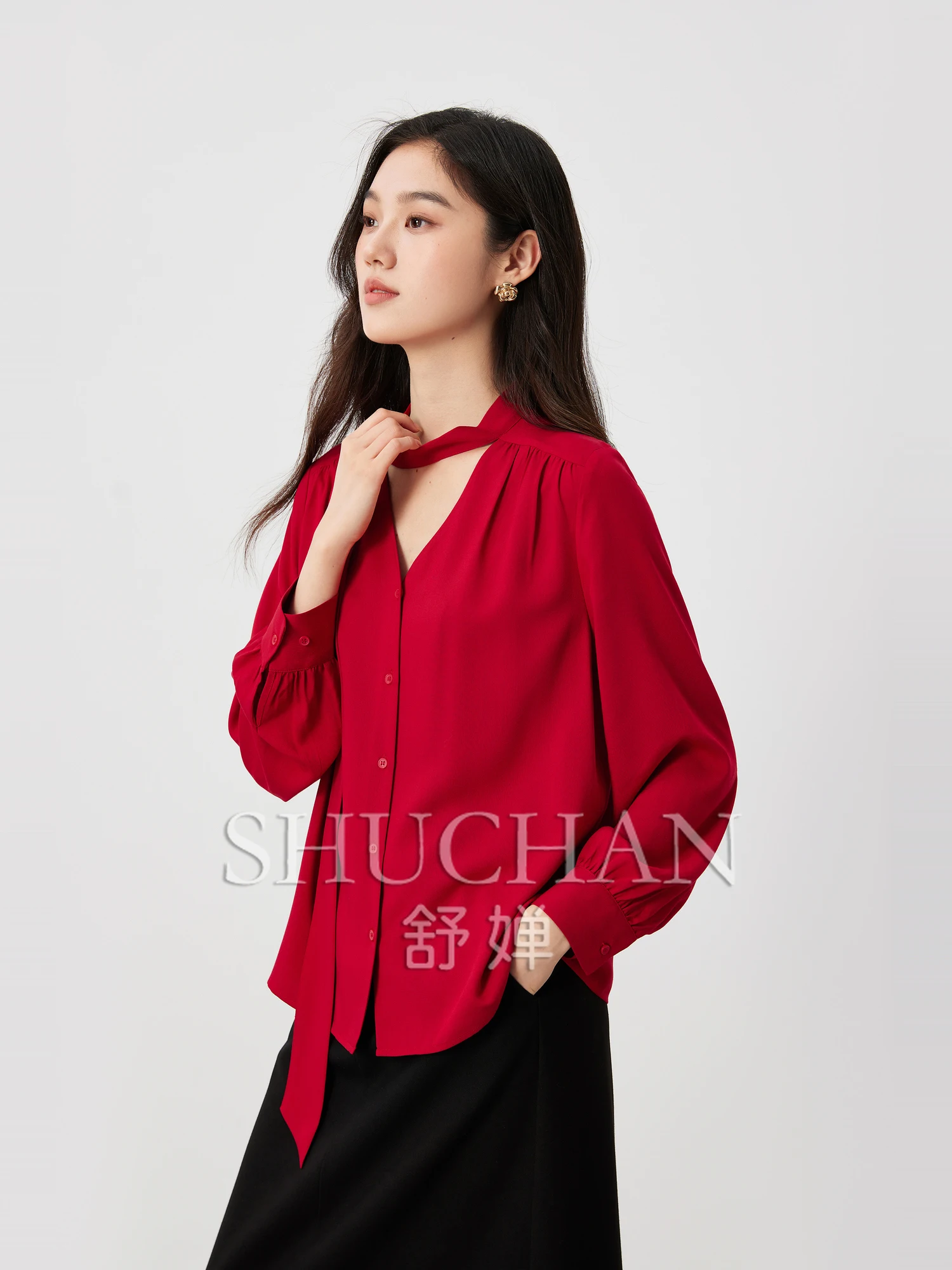 

French Elegance, Not Easy To Wrinkle and Take Care of, Temperament Streamer Collar Fabric Singed Craft Shirt