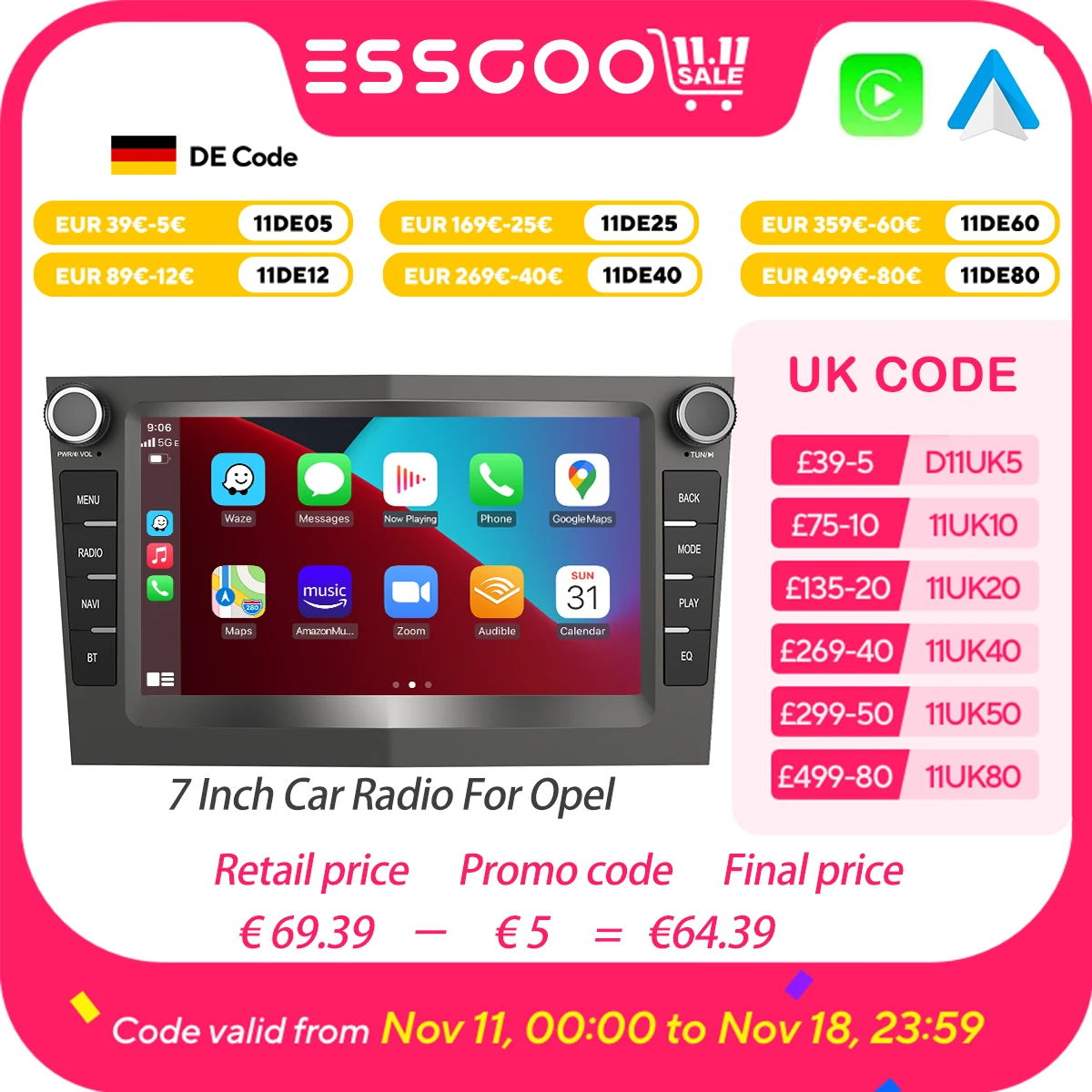 ESSGOO Car Radio Multimedia 2G 32G For Opel Astra Vectra Vauxhall Antara Zafira Corsa C D Vivaro Meriva Wireless CarPlay Auto ﻿