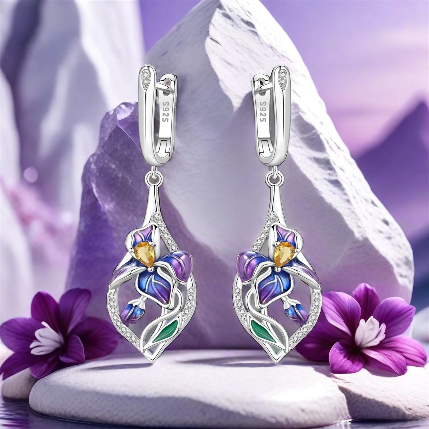Orstarry Tropfen-Ohrringe aus 925er-Sterlingsilber, blau, lila, Iris-Blume, Damen-Ohrringe, Charm-Trend, vielseitiger Party-Schmuck, Geschenke