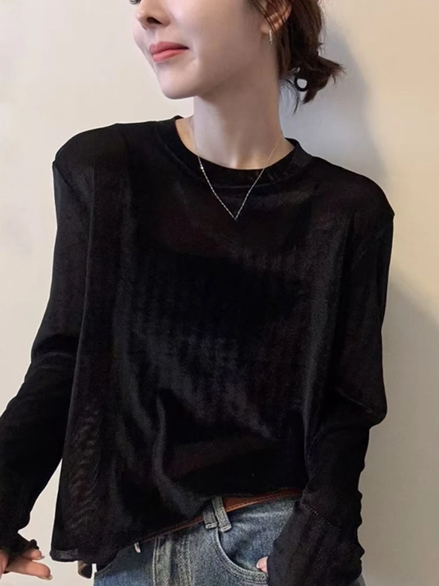 Ele Color Long Sve Round Ne Base Irt Frühherbst Top Einfaches koreanisches Sle Commute Wind Straight Tube T-Shirt