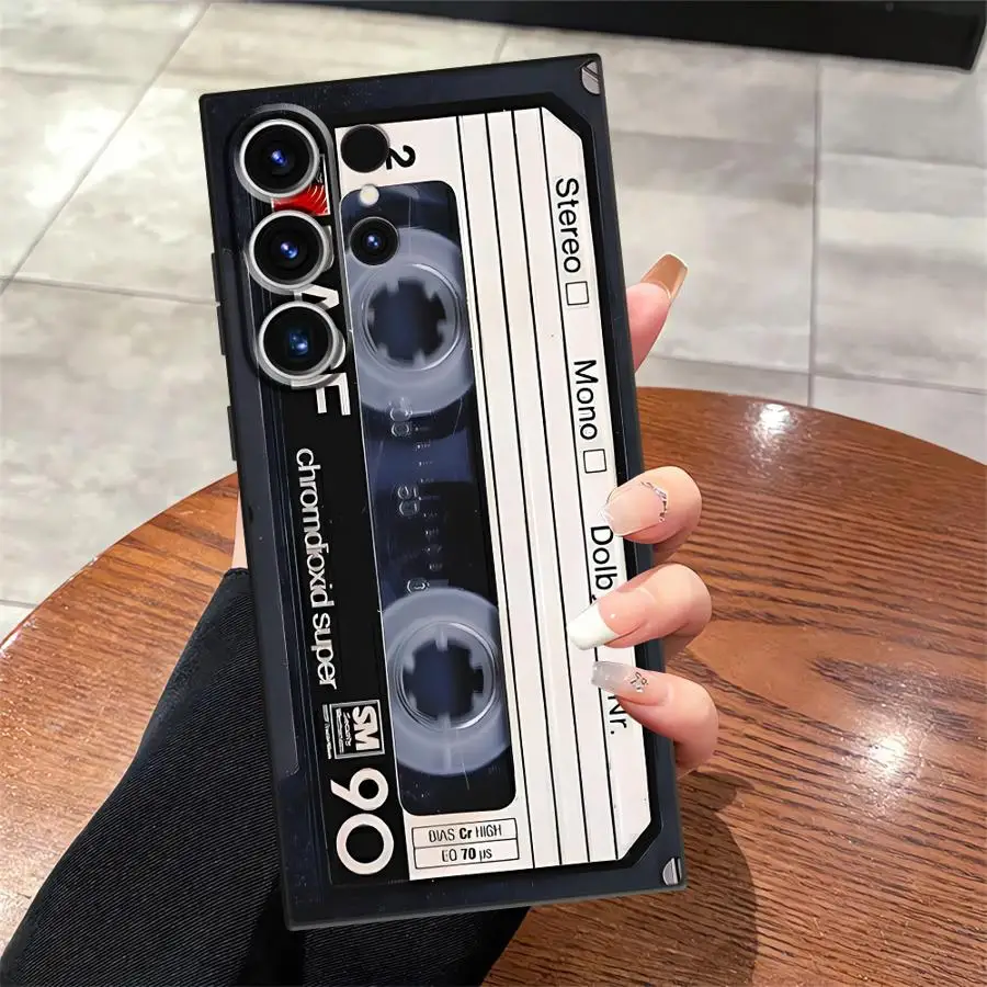 حافظة لهاتف سامسونج جالاكسي S21 FE S24 Plus S23 Ultra S20 S25 Edge غطاء هاتف ناعم أسود شريط كاسيت ريترو