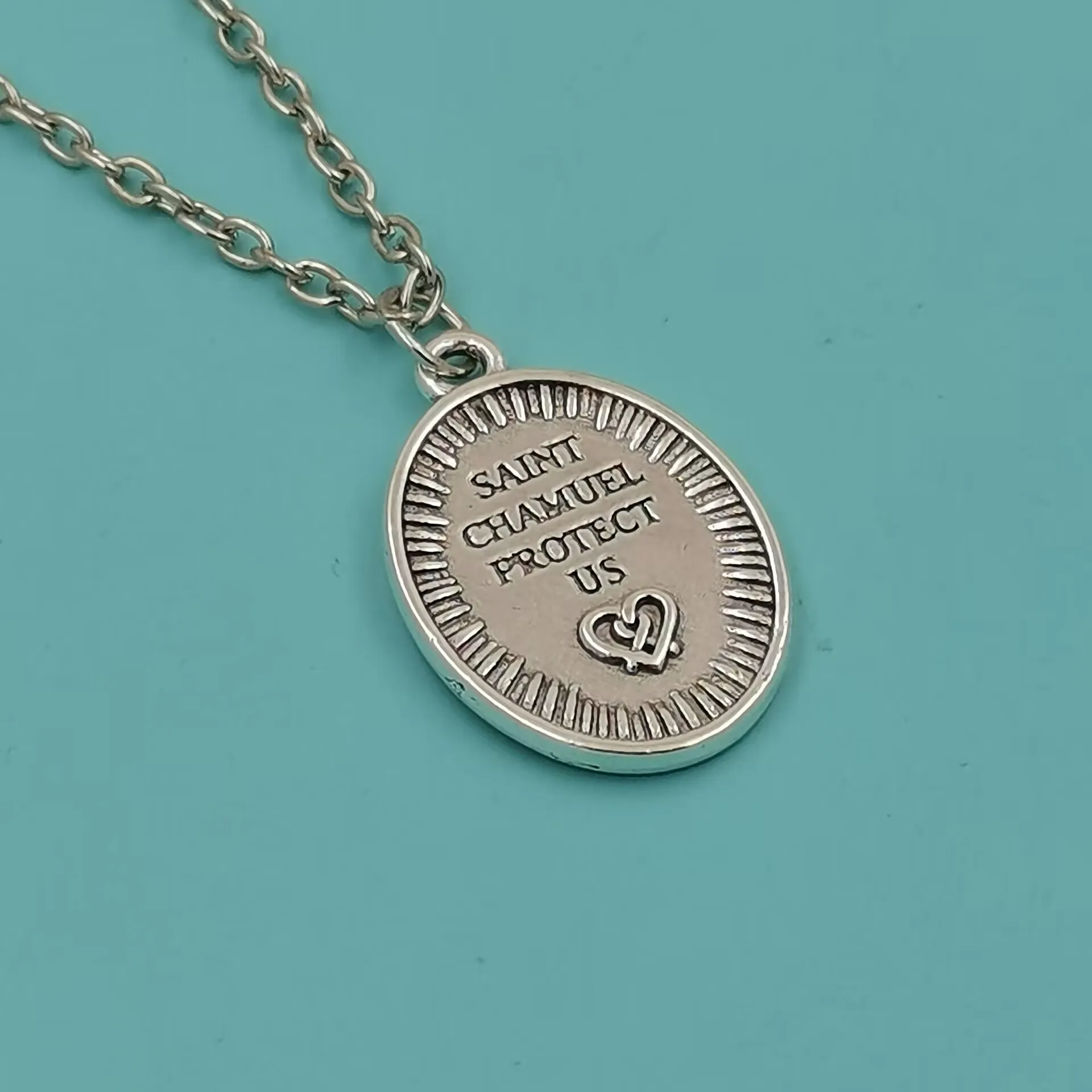 10Pcs Saint Chamuel Archangel Medal Necklace, Vintage Silver Religious Guardian Pendant for Men Women