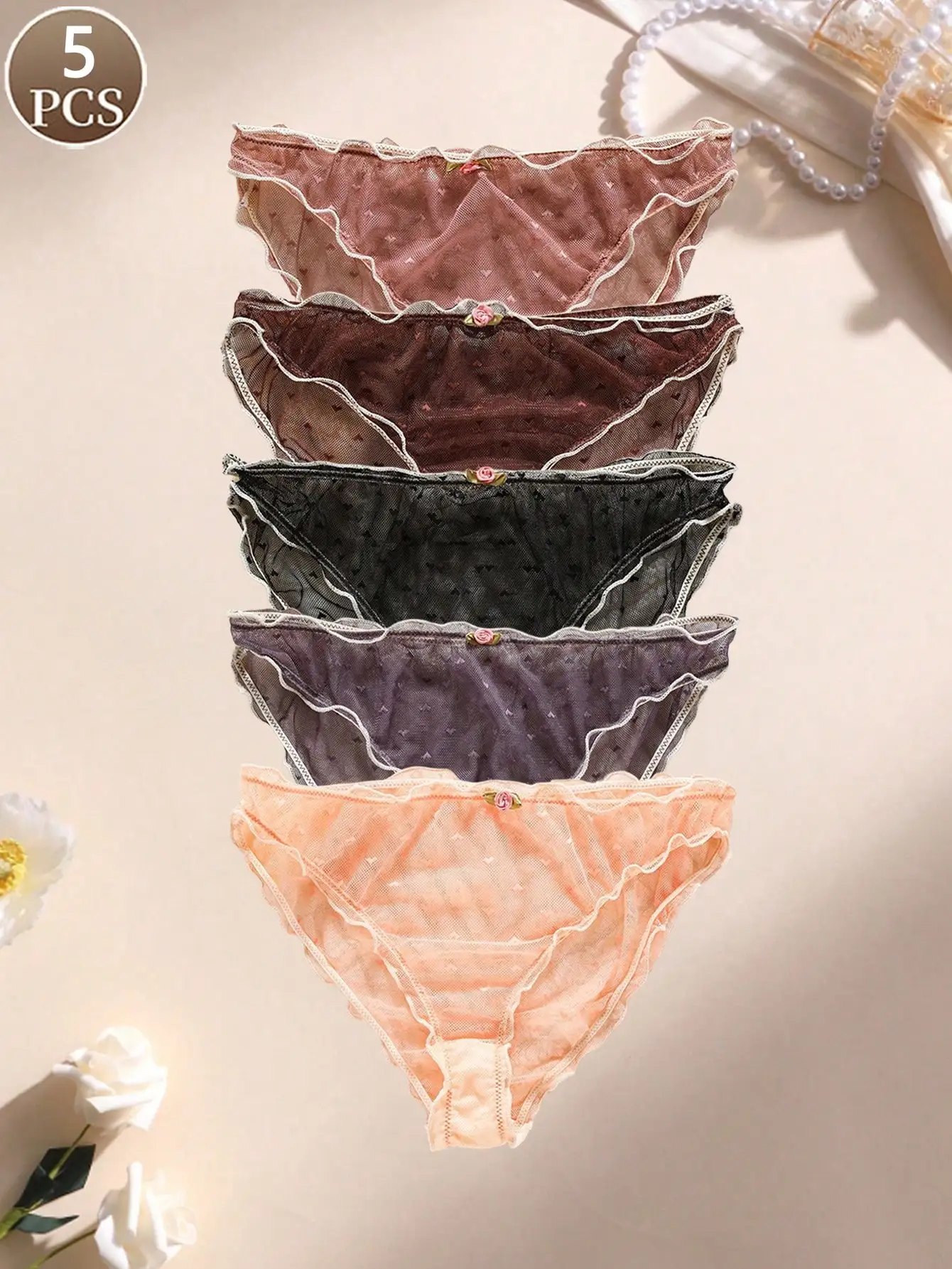 5PCS Women's Panties With Fashionable Sheer Heart-shaped Lace Mesh Briefs With Scalloped Edging Casual Sports Soft And Comfortab