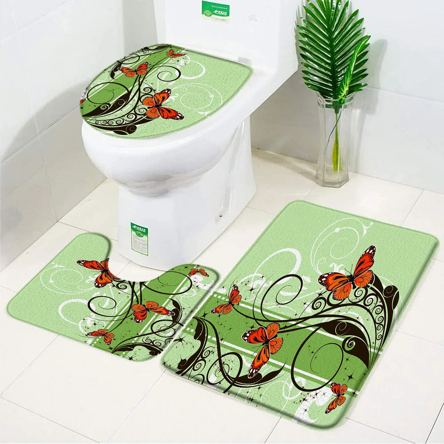 Colour Butterfly Bath Mat Set Butterflies and Flowers Home Bathroom Decoraction Anti Slip Rugs and Carpet Set Toilet Lid Cover