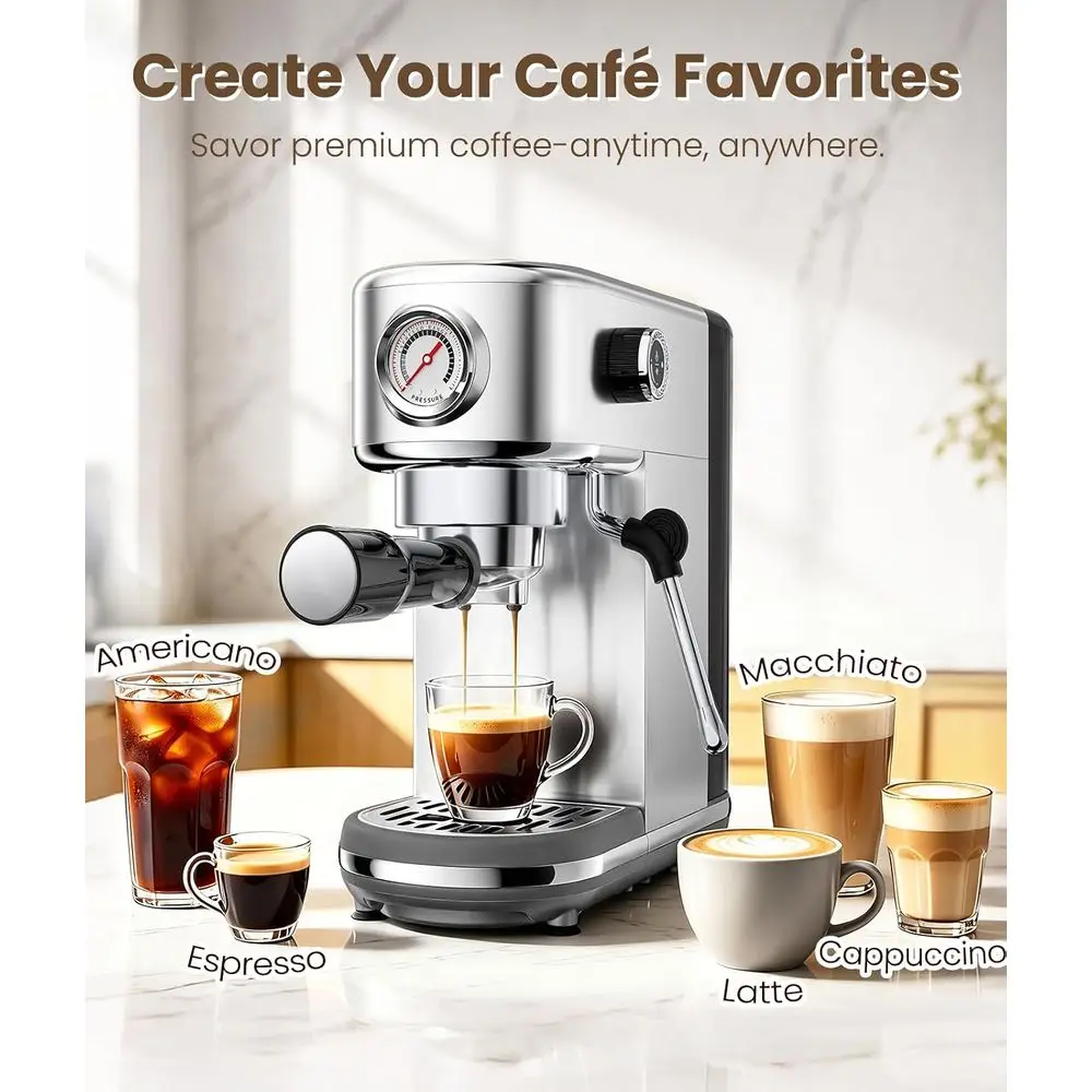 Milk Frother, 20 Bar Espresso Maker, 440Z Removable Tank, Compact Stainless Steel for Home, Office, Latte, Cappuccino, Espresso,