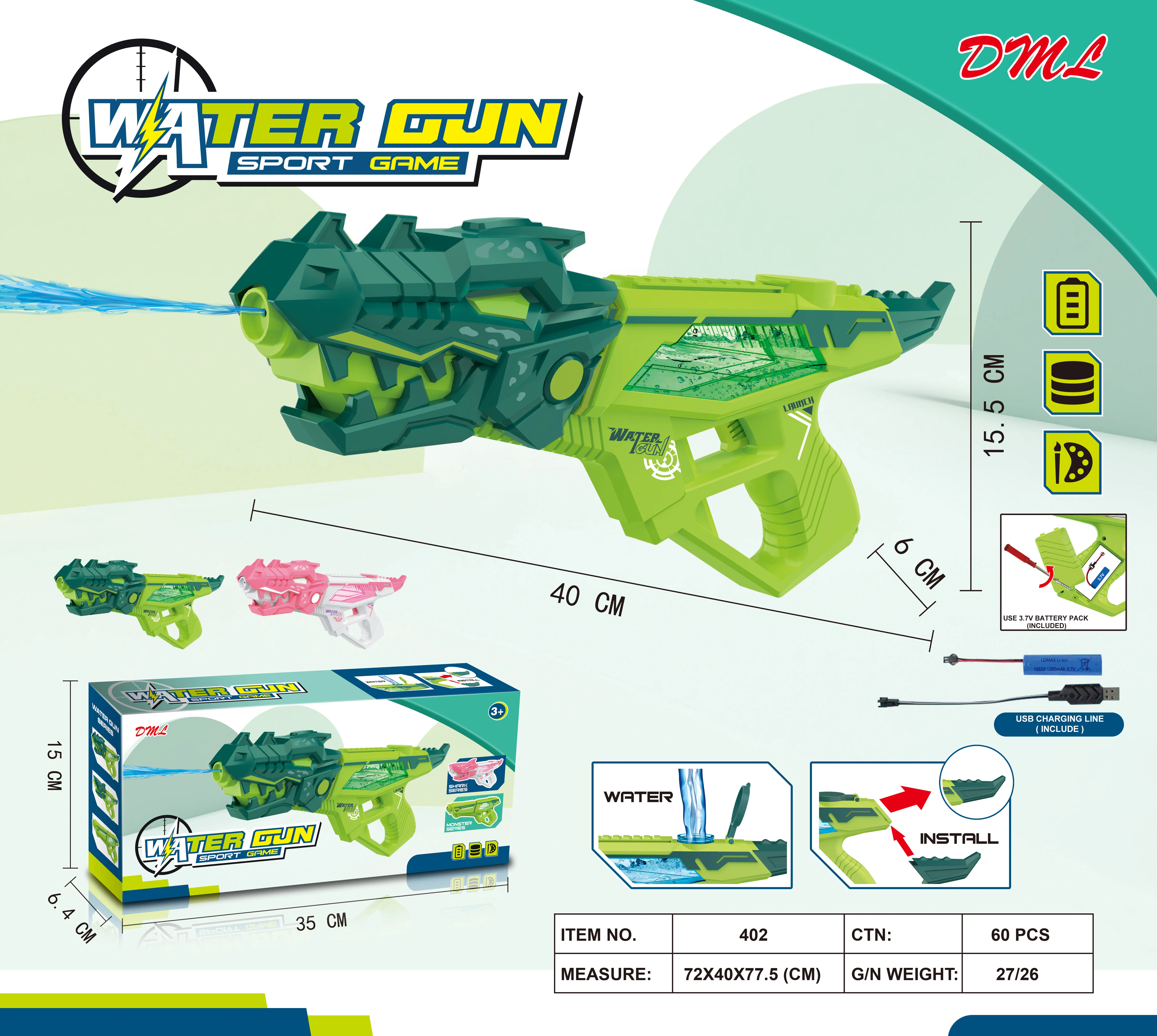 Pistola de agua continua de tiburón y dinosaurio eléctrica, juguete para niños, verano, exterior, playa, piscina, jardín, disparo automático de agua, regalo divertido