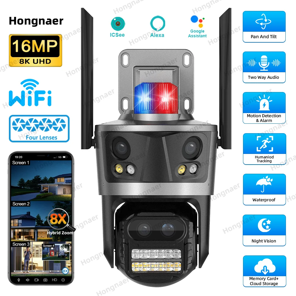 Hongnaer 16MP 8K ICSee 8X Zoom أربعة عدسات للرؤية الليلية الذكية اللاسلكية CCTV PTZ IP المنزل في الهواء الطلق كاميرا أمان WiFi