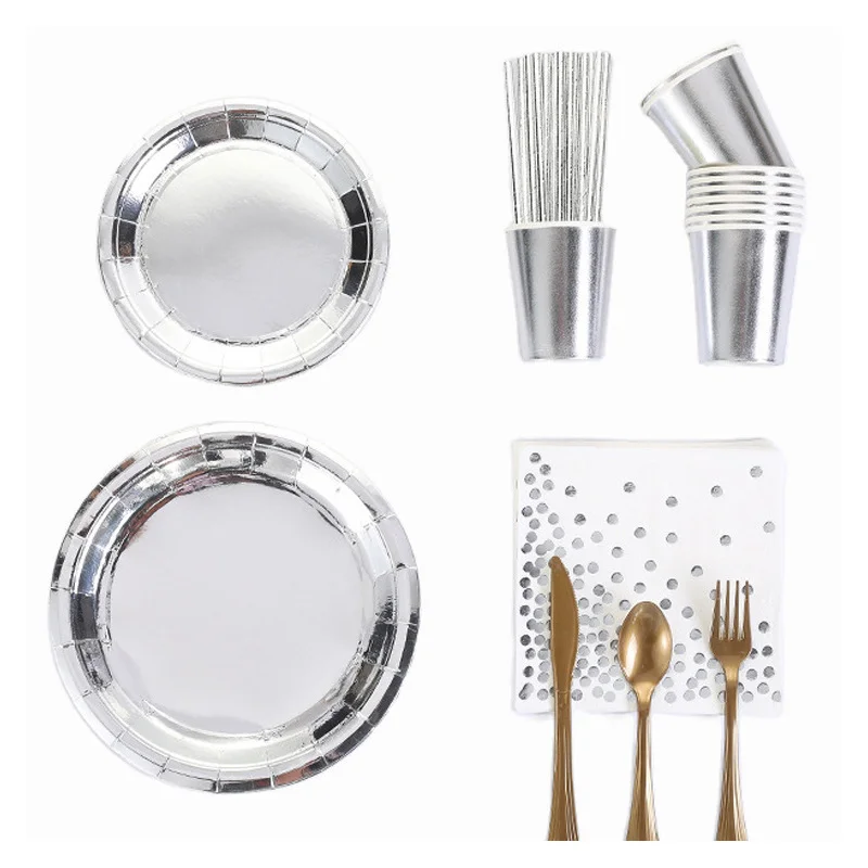 

10pcs silver tableware party tableware supplies disposable paper plate paper cup set birthday holiday party hot supplies