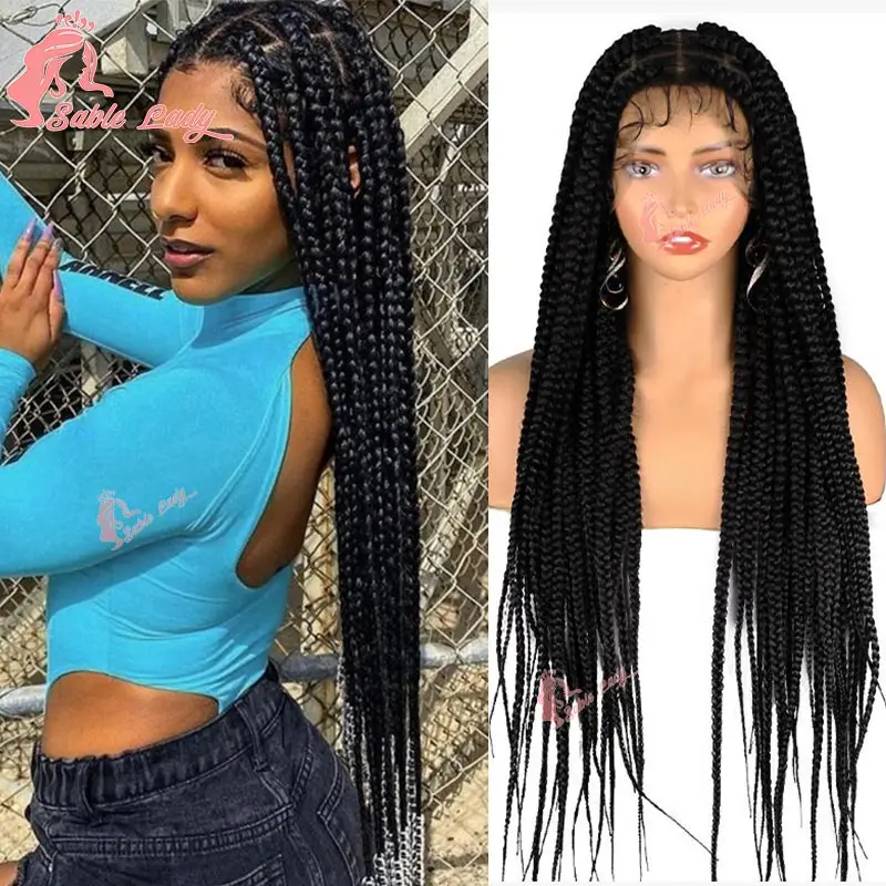 Synthetic Jumbo Box Braided Wig Full Lace Front Big Box Braids Wig Natural Color Straight Long Cornrow Knotless Braids Wig 36''