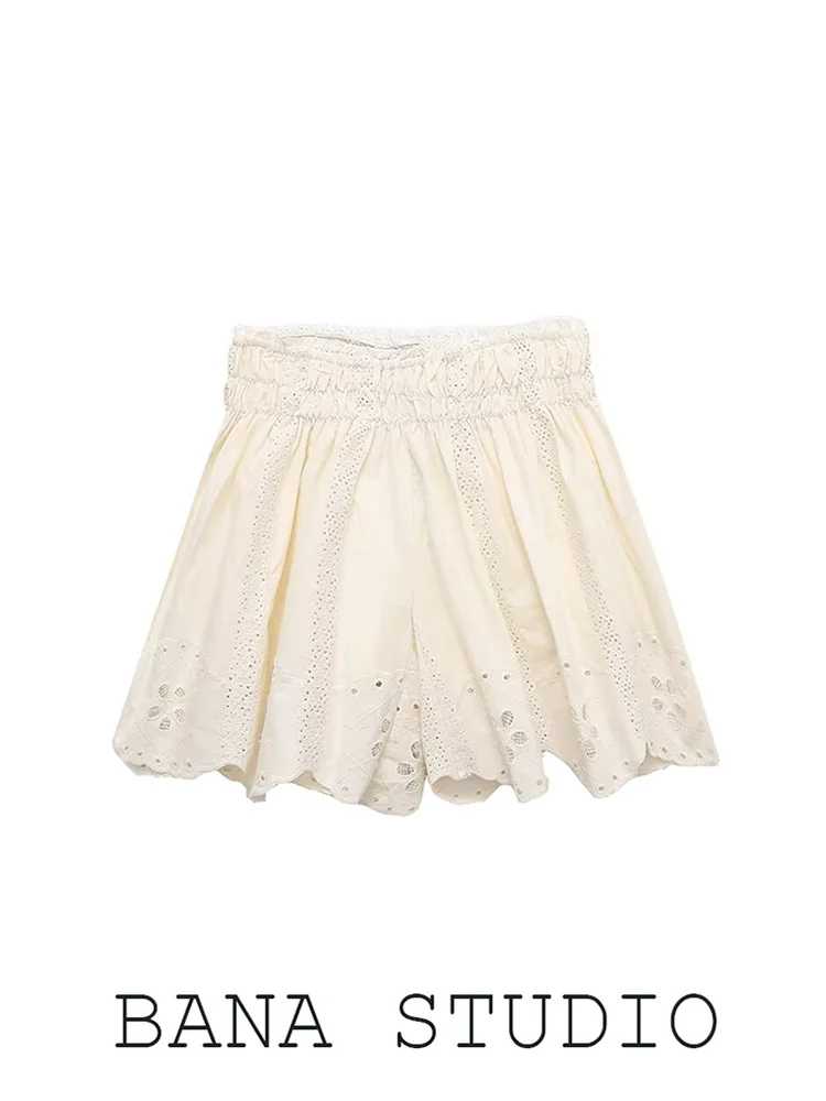 

Бежевые женские брюки-шорты с вышивкой, эластичным кружевом и цветочным узором, с высокой талией, широкими штанинами, из хлопка, маленький размер, романтический стиль